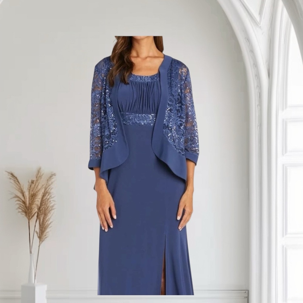 R&M Richards 2 Piece Ruffled Lace Sequin Jacket Short Dress Size 18 NWT